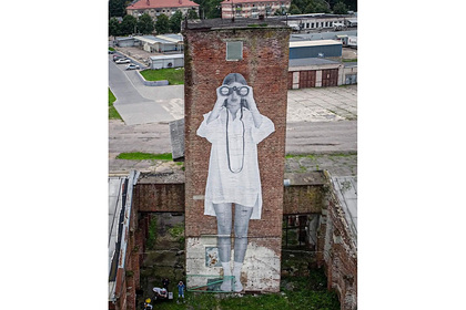 На границе с Литвой появился гигантский рисунок девушки с биноклем