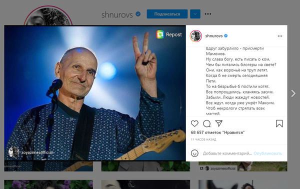 После смерти Мамонова Шнуров опубликовал язвительный стих о больной МакSим
