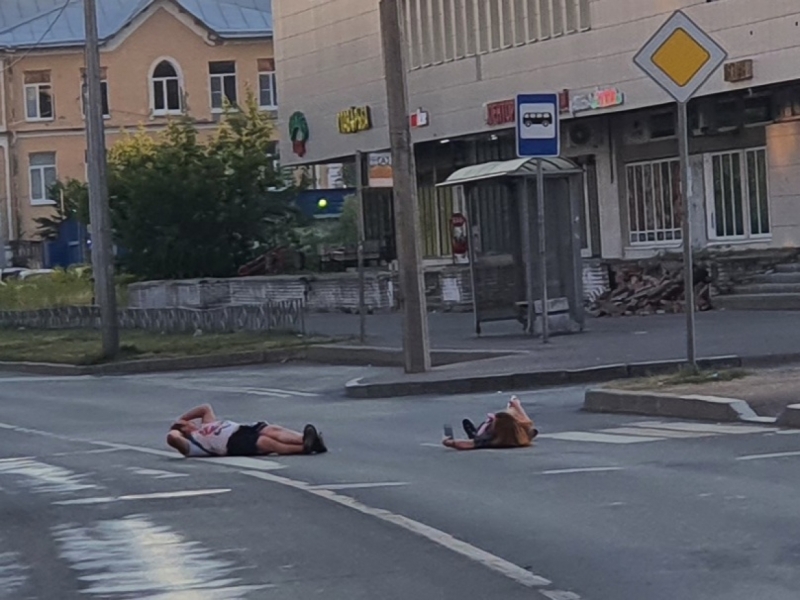 Загорающая посреди дороги пара озадачила петербуржцев